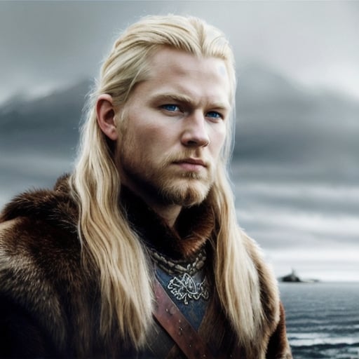 Prompt: Super realistic oil painting of a  nordic man in a viking gear, dirty blond hair, big blue eyes, masculine, elegant, 64K, master piece