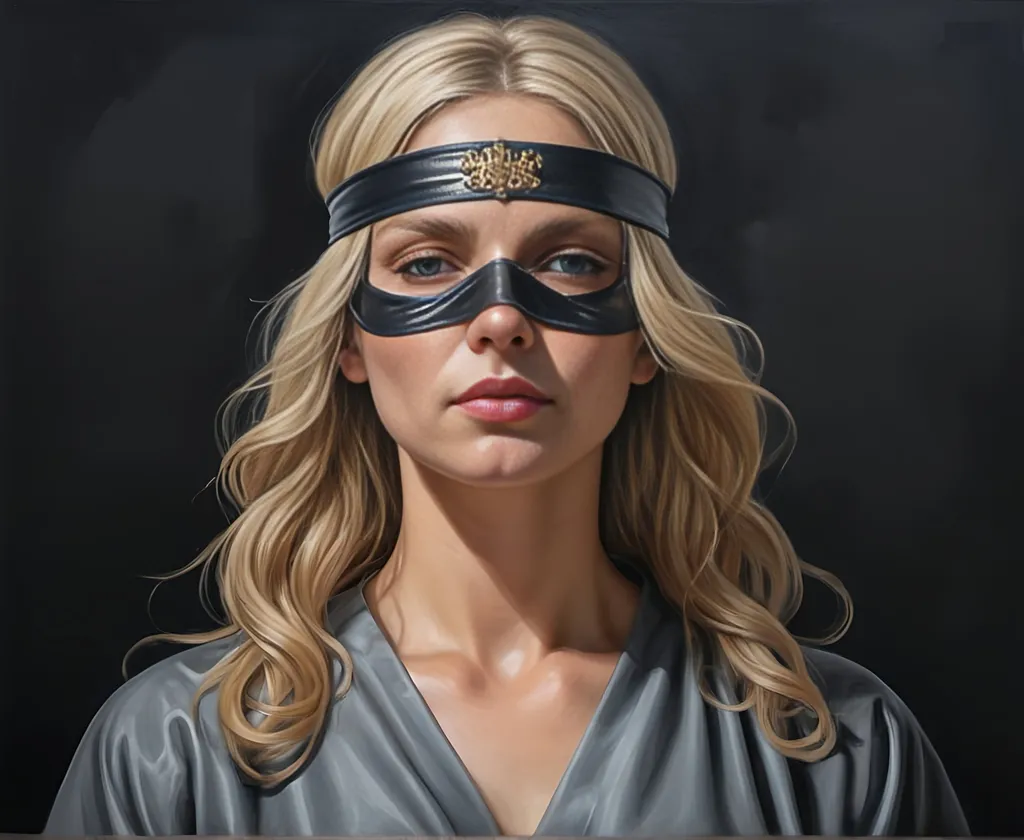 Prompt: Super realistic oil painting of a blond woman blindfolded, full body, Femida - Lady Justice, lawyer, smooth skin, intricate very detailed blond hair, symmetrical face, master piece, 8 k, trending on artstation, trending art