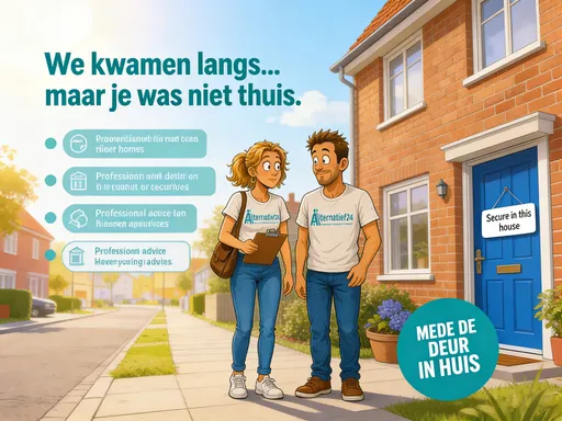 Prompt: This is a digital illustration in a cartoon style, depicting a promotional poster for a real estate agency called "Alternatie24." The background features a brightly colored, sunlit suburban street with a brick house on the right side, which has a blue front door with a small white sign that reads "Secure in this house." In front of the house, there are two characters: a woman and a man. The woman has light brown hair tied in a ponytail, wearing a white T-shirt with "Alternatie24" in teal, blue jeans, and brown shoes. She is holding a brown purse over her shoulder and has a friendly expression. The man has short brown hair, is wearing a white T-shirt with "Alternatie24" in teal, blue jeans, and brown shoes, and is standing with a hand on his hip, smiling.
The text on the poster is in Dutch and English. The main headline in teal reads, "We kwamen langs... maar je was niet thuis." Below, bullet points discuss various real estate topics, such as viewing homes, professional advice, and home security. The bottom right corner features a teal circle with the text "MEDE DE DEUR IN HUIS" in white. The overall color scheme includes teal, white, and brown, with a clean, modern design.