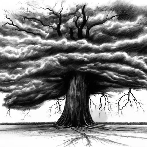 Prompt: huge tree struck by lightning in a thunderstorm black and white sketch

