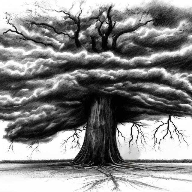 Prompt: huge tree struck by lightning in a thunderstorm black and white sketch

