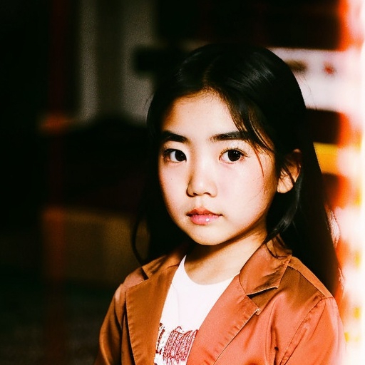 Prompt: A young Korean girl, 7 years old, heavy eyebrows, sharp features, wearing heavy brown clothes.   