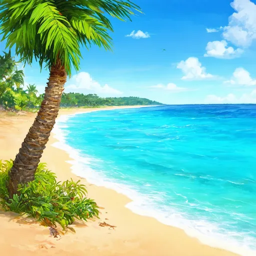 Prompt: beach illustration, A palm tree on the left