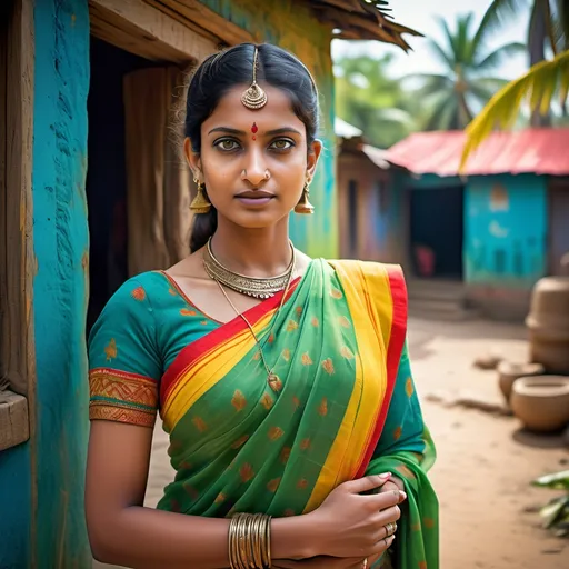 Prompt: Standing confidently, a woman in a vibrant green sari intricately adorned with yellow patterns captures attention with her poised demeanor. Her colorful blouse features bold stripes that contrast beautifully with her attire, while a traditional red bindi graces her forehead, highlighting her striking features. The background showcases a rustic outdoor setting with blurred hints of blue structures and palm-like foliage, suggesting a village atmosphere bathed in soft natural light. With her arms crossed and hands gently clasped, the woman's expression conveys warmth and resilience, creating a serene yet captivating narrative of cultural pride and everyday life.