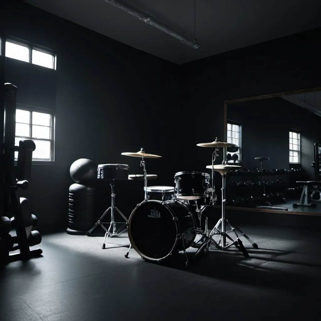 Prompt: drum, gym room, workout, dark