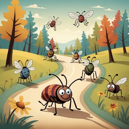 Prompt: in a happy folksy colorful cartoon style create an image of hobo insects walking along a country road