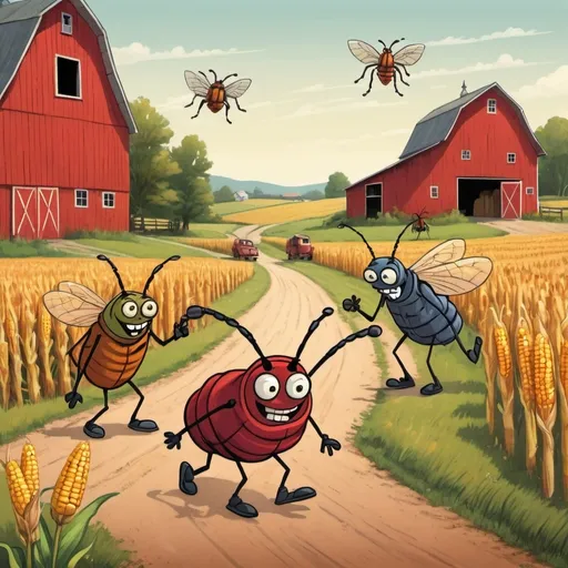 Prompt: in a happy folksy colorful cartoon style create an image of a family of hobo insects walking upright along a country road. there is a large red barn in the distance background. There is a corn field by the barn. 