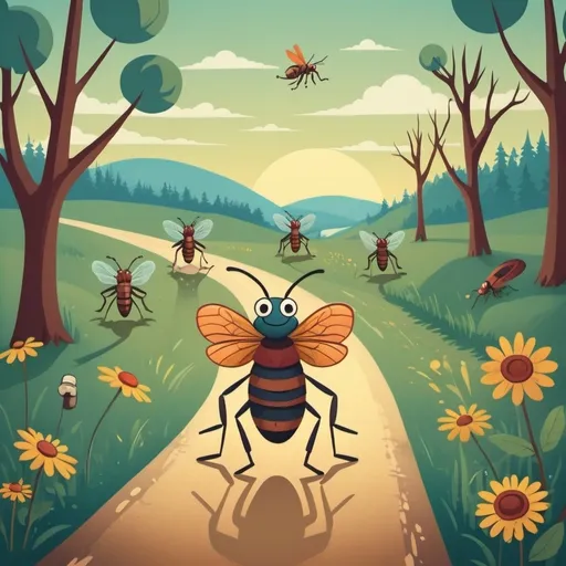 Prompt: in a folksy colorful cartoon style create an image of hobo insects walking along a country road