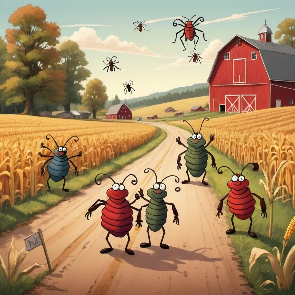 Prompt: in a happy folksy colorful cartoon style create an image of a family of hobo insects walking upright along a country road. there is a large red barn in the background. There is a corn field by the barn. 