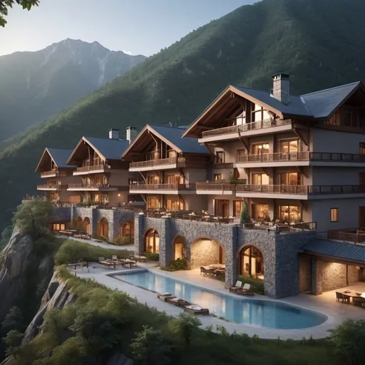 Prompt: create a well rendered building in the mountains of a resort that blends in with the mountain terrain