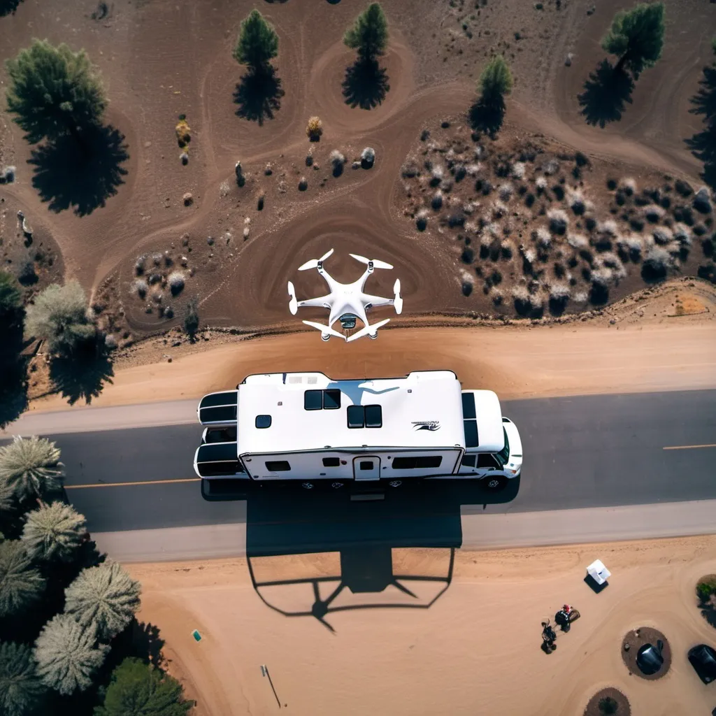 Prompt: Drone flying over an RV