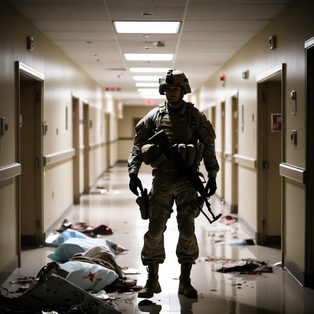 Prompt: a paramilitary company soldier from USEC walks alone thru a Dim, debris-filled hospital hallway with flickering lights 