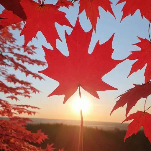 Prompt: a sunrise, but the sun is a red maple leaf like the Canadian flag
