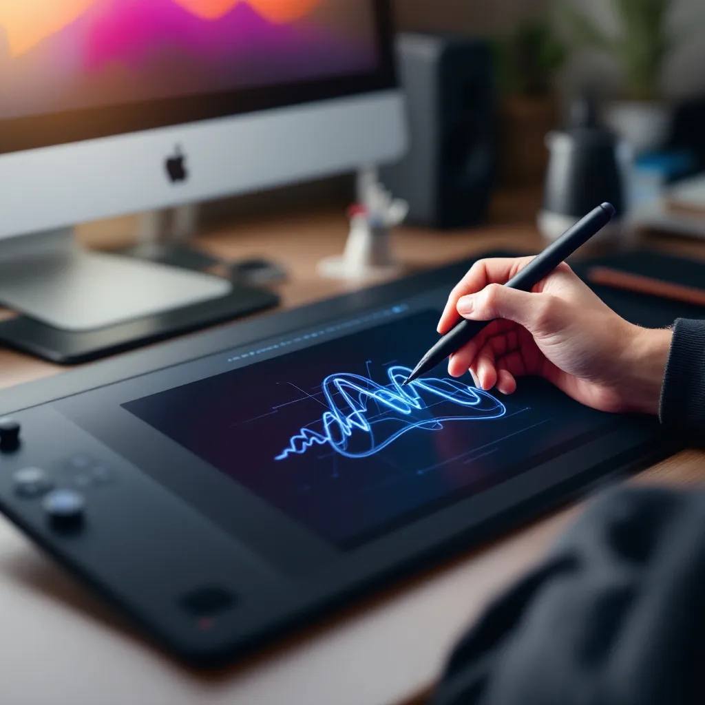 Prompt: A hand holding a graphic pen on a graphic tablet, sitting on desk with a computer monitor