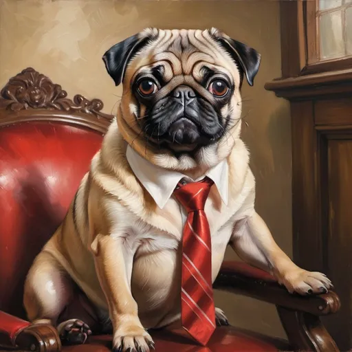 Prompt: Bicycle-riding pug with a red tie, oil painting, charming vintage setting, detailed fur with warm reflections, mischievous expression, high quality, traditional art, warm tones, natural lighting