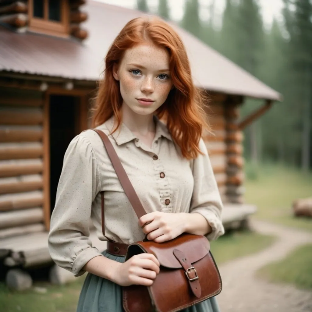 Prompt: old log cabin, posing, captured with soft focus and muted colors typical of early film photography cute redhead girl with freckles and brown eyes, holding a leather bag