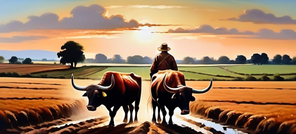 Prompt: Backview of two ox ploughing a countryside field, oil painting, detailed fur with warm reflections, rural landscape, classic art style, 