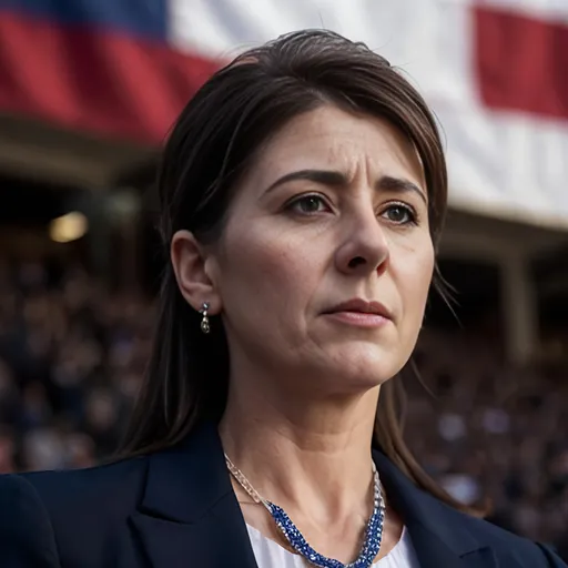 Prompt: Photorealistic depiction of fifty-year-old Nicky Haley at a political rally, detailed facial features, realistic crowd, American flag in the background, formal attire, high quality, photorealism, detailed crowd, detailed American flag, professional lighting, realistic depiction, political rally atmosphere, detailed hair and clothing, realistic skin tones, focused expression, authentic atmosphere