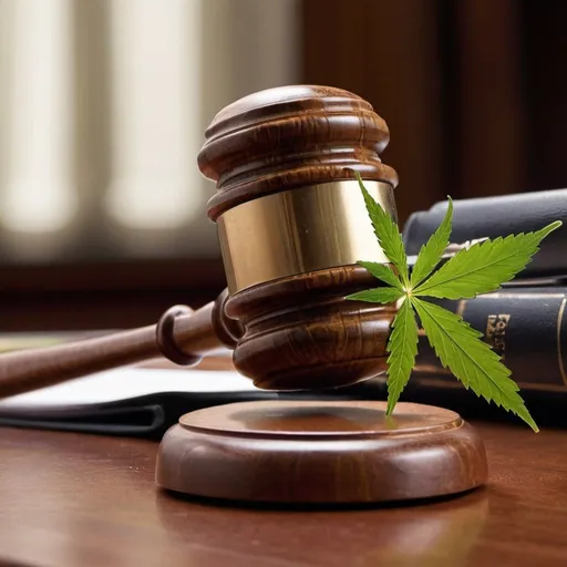 Prompt: close up photo of a judges gavel and a cannabis leaf sitting on a desk