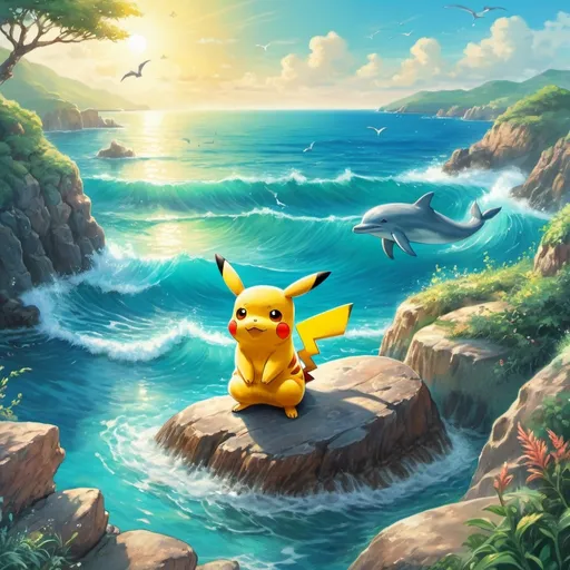 Prompt: Pikachu sitting on a rock watch the sea with a Dolphin in  