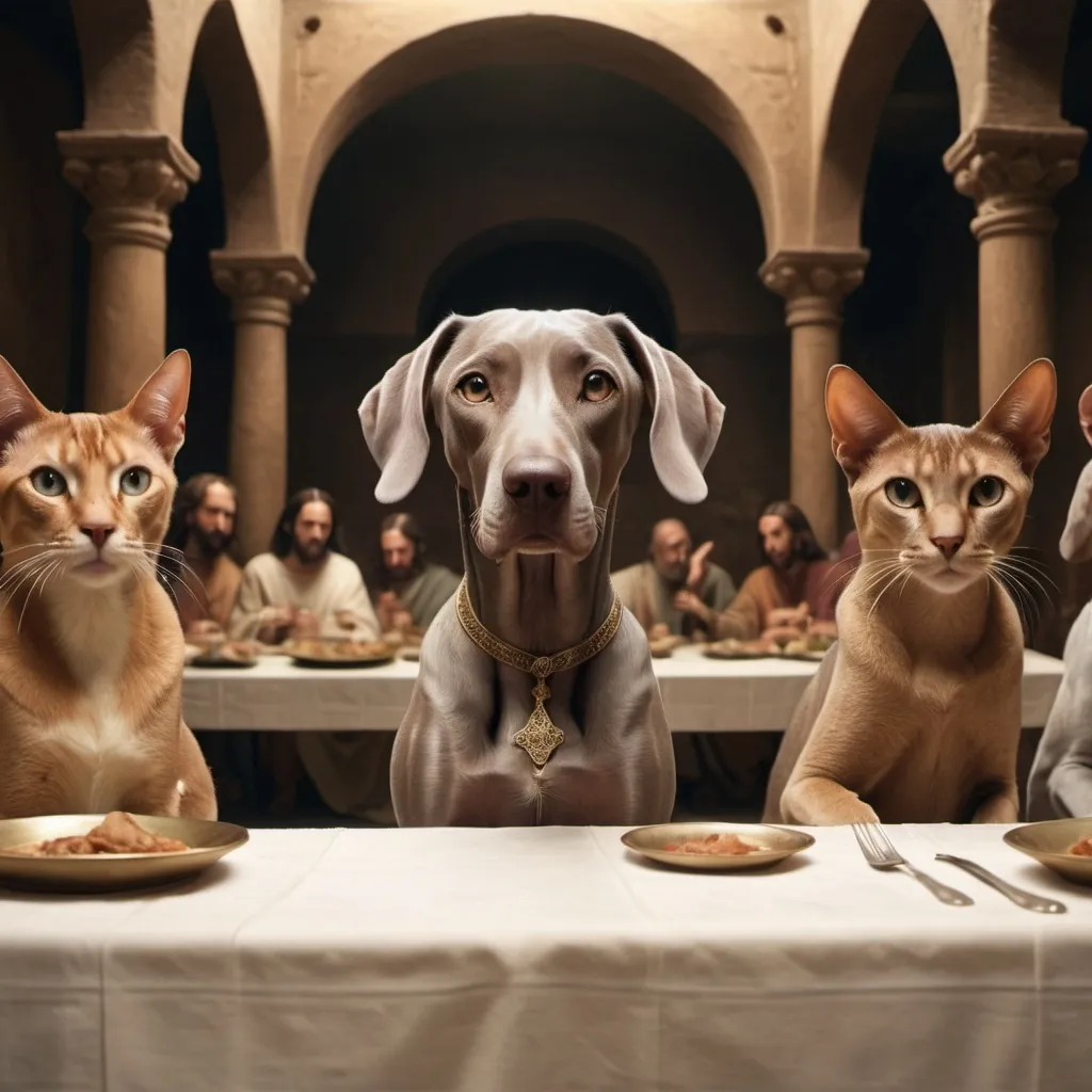 Prompt: a weimaraner dog and an abyssinian cat at Christs last supper