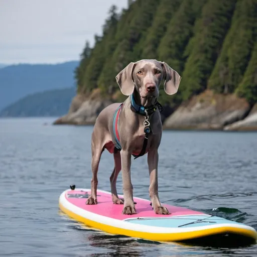 Prompt: a weimaraner on a paddleboard in the Gulf Islands of British Columbia on a rough sea