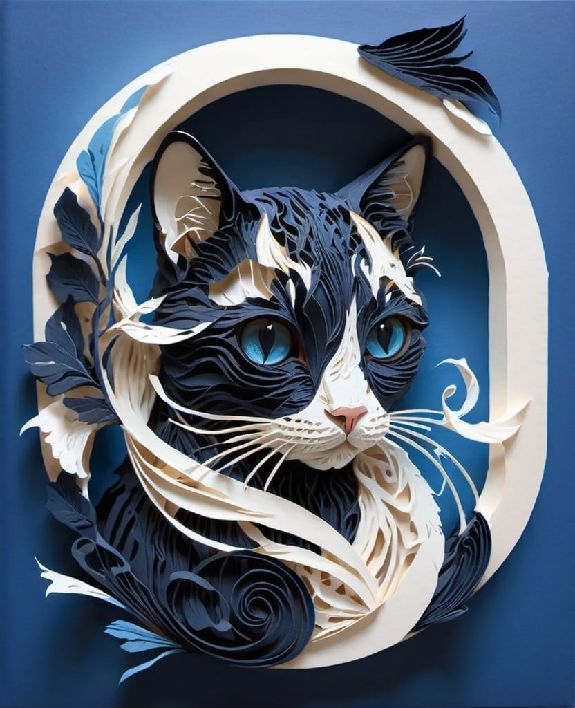 Prompt: Minimalist cat portrait with blue background and white flowing lines, streamlined and abstract art"