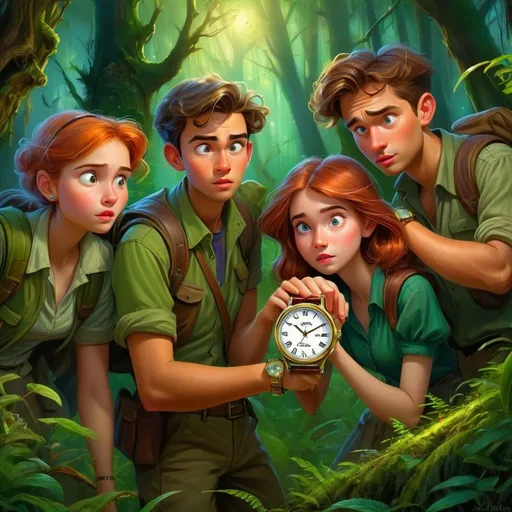 Prompt: Two men and two women discovering a wristwatch in the mysterious forest, digital painting, lush greenery, mystical atmosphere, high-quality, detailed, fantasy, vibrant colors, magical lighting, amazed expressions, antique wristwatch, intricate details, magical realism, enchanting, fantasy art, adventure, teenage explorers, mystical forest, digital art, exciting discovery in cartoon 