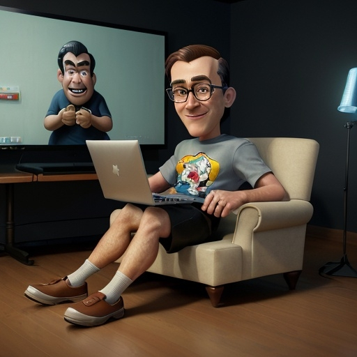 Prompt: cartoon Caricature of a man with a large head, wearing a t-shirt,a suit, shorts, loafers,relaxed sitting position in a chair while playing on the laptop , and ca, server room background, oil painting art,3D render,soft lighting,disney pixar 3D characters,UHD,16K