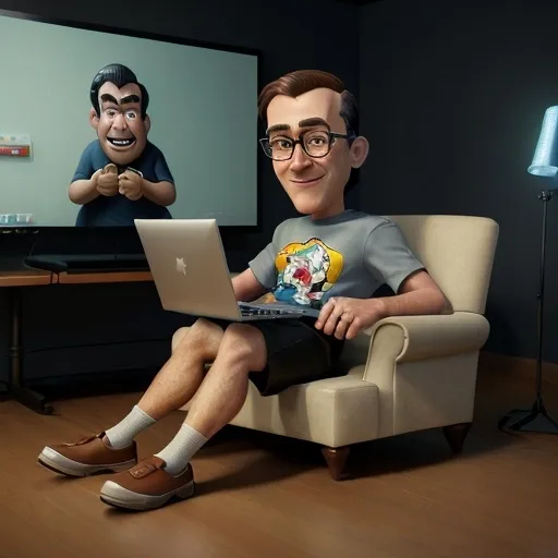 Prompt: cartoon Caricature of a man with a large head, wearing a t-shirt,a suit, shorts, loafers,relaxed sitting position in a chair while playing on the laptop , and ca, server room background, oil painting art,3D render,soft lighting,disney pixar 3D characters,UHD,16K