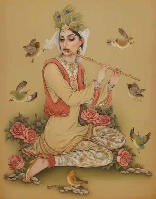 Prompt: a realistic detailed photo of a pretty woman playing a flute with birds flying around her and a bird on her head and a bird on her shoulder, qajar art, a realistic detailed photo.