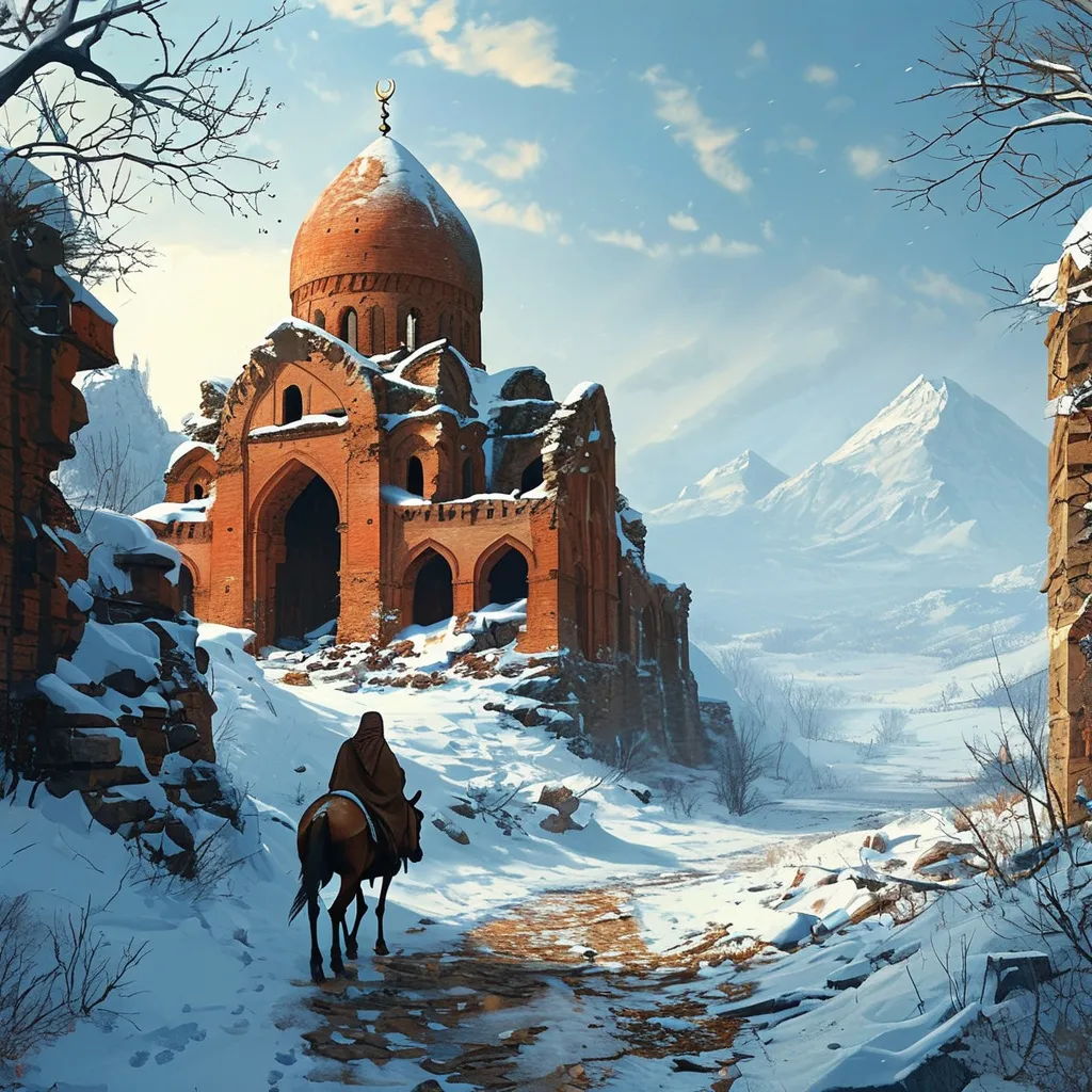 Prompt: Skickades av du:
Please create an image depicts a ruined mosque in a snowy landscape. The mosque is made of red brick and has intricate blue tilework on its exterior. The roof is partially collapsed, and the interior is exposed. In the foreground, there is a man riding a donkey along a snowy path. The man and donkey covers almost the whole surface of the image. The sky is clear and blue, and the mountains are snow-capped in the distance.