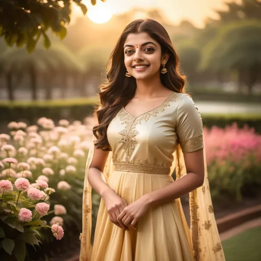 Prompt: “A stunningly beautiful woman named Kajal stands gracefully under a golden sunset. Her elegance is unparalleled, wearing a flowing pastel dress that catches the soft breeze. Her radiant smile lights up the surroundings, and her eyes shimmer with kindness and charm. The scene is set in a serene garden filled with blooming flowers, adding to her ethereal presence—beauty in its purest form, a true masterpiece in one piece.”