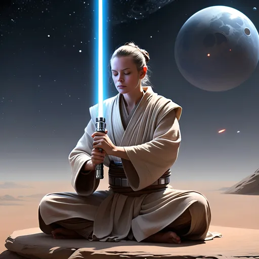 Prompt: A Jedi in meditation, their lightsaber by their side, ready to defend the galaxy.