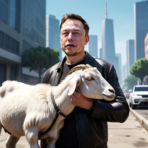 Prompt: Elon Musk with a goat, game-GTA style, realistic 3D rendering, urban cityscape, high quality, detailed textures, intense and vibrant colors, professional, dynamic lighting, modern futuristic setting, dynamic composition, highres, ultra-detailed, game-style, realistic, urban, vibrant colors, dynamic lighting, modern futuristic setting, detailed textures, intense atmosphere