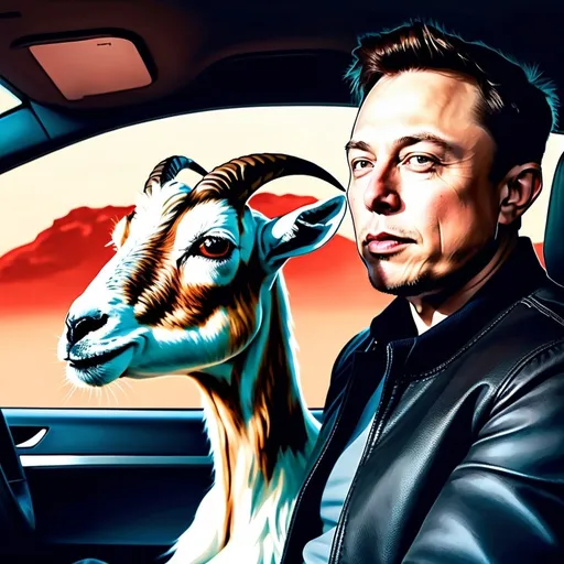 Prompt: Photorealistic illustration of Elon Musk and a goat in a Tesla, realistic textures, detailed facial features, high image quality, photorealism, Tesla interior, Elon Musk, goat passenger, realistic lighting, professional illustration, detailed fur, lifelike expression, best quality, highres, ultra-detailed, photorealism, realistic textures, detailed facial features, realistic lighting