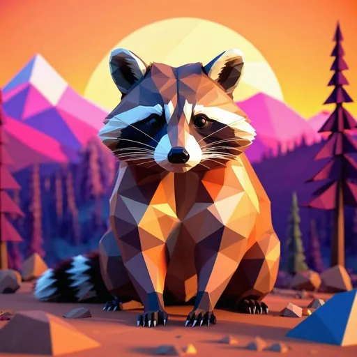 Prompt: Low poly raccoon, polygonal art style, geometric shapes, vibrant colors, detailed fur, wilderness setting, sunset lighting, artistic 3D rendering, high quality, low poly, vibrant color palette, geometric art style, sunset lighting, detailed fur