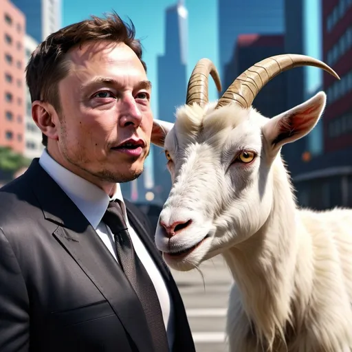 Prompt: Elon Musk with a goat, game-GTA style, realistic 3D rendering, detailed facial features, high quality, game style, vibrant and bold colors, dramatic lighting, urban cityscape, futuristic technology, detailed textures, action-packed scene, dynamic composition, professional-quality, futuristic, vibrant colors, dramatic lighting, 3D rendering, detailed facial features, game style