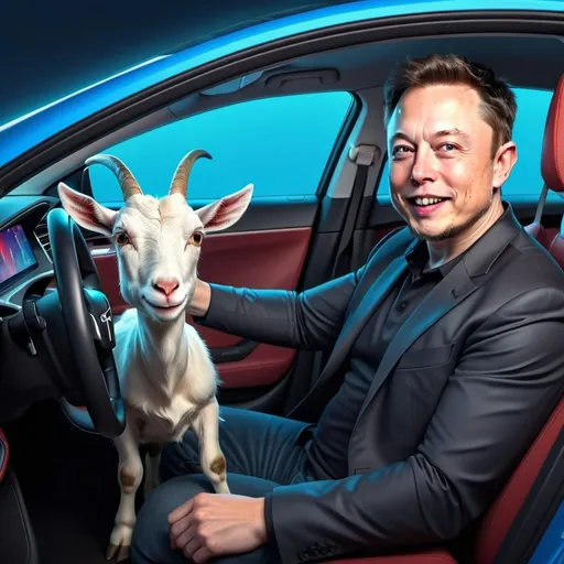 Prompt: 3D cartoon illustration of Elon Musk in a Tesla Model 3, with a goat in the passenger seat, vibrant and dynamic, high-quality, cartoon style, futuristic electric car, Elon Musk in casual attire, cheerful expression, detailed interior, high-tech dashboard, goat with curious expression, best quality, vibrant colors, dynamic composition, cartoon, futuristic, detailed features, cheerful atmosphere, electric blue lighting