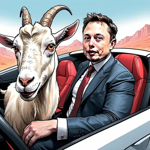 Prompt: Cartoon drawing of Elon Musk in front of a Tesla with a goat in the passenger seat, pencil sketch, humorous theme, vibrant colors, exaggerated features, comic style, detailed facial expressions, high quality, lively and dynamic, fun and whimsical, cartoon, humorous, pencil sketch, vibrant colors, exaggerated features, comic style, detailed facial expressions, detailed car design, goat passenger, professional shading, vibrant and lively composition, playful lighting