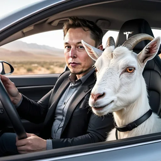 Prompt: Realistic illustration of Elon Musk in a Tesla Model 3, with a goat in the passenger seat, high-quality, detailed, realistic, modern, professional, urban setting, sleek design, intricate facial features, lifelike goat, polished finish, realistic lighting, Tesla branding, focused expression, technological atmosphere