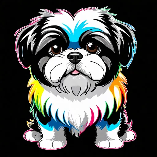 Prompt: Cartoon outline illustration of a Shih-tzu dog, vibrant colors, detailed eyes, fluffy fur, detailed fur, high quality, photorealism, bright lighting, adorable, expressive eyes, detailed illustration, playful, professional, rainbow colors, true black background, black and white fur