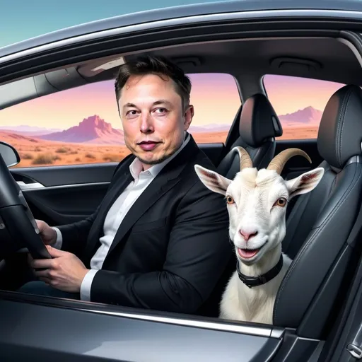 Prompt: Elon Musk in a Tesla Model 3 with a goat in the passenger seat, 3D cartoon, quirky and humorous, vibrant colors, playful and lively, whimsical cartoon style, detailed facial expressions, smooth and polished rendering, light-hearted atmosphere, high quality, vibrant colors, whimsical cartoon, detailed facial expressions, polished rendering, playful atmosphere, professional lighting
