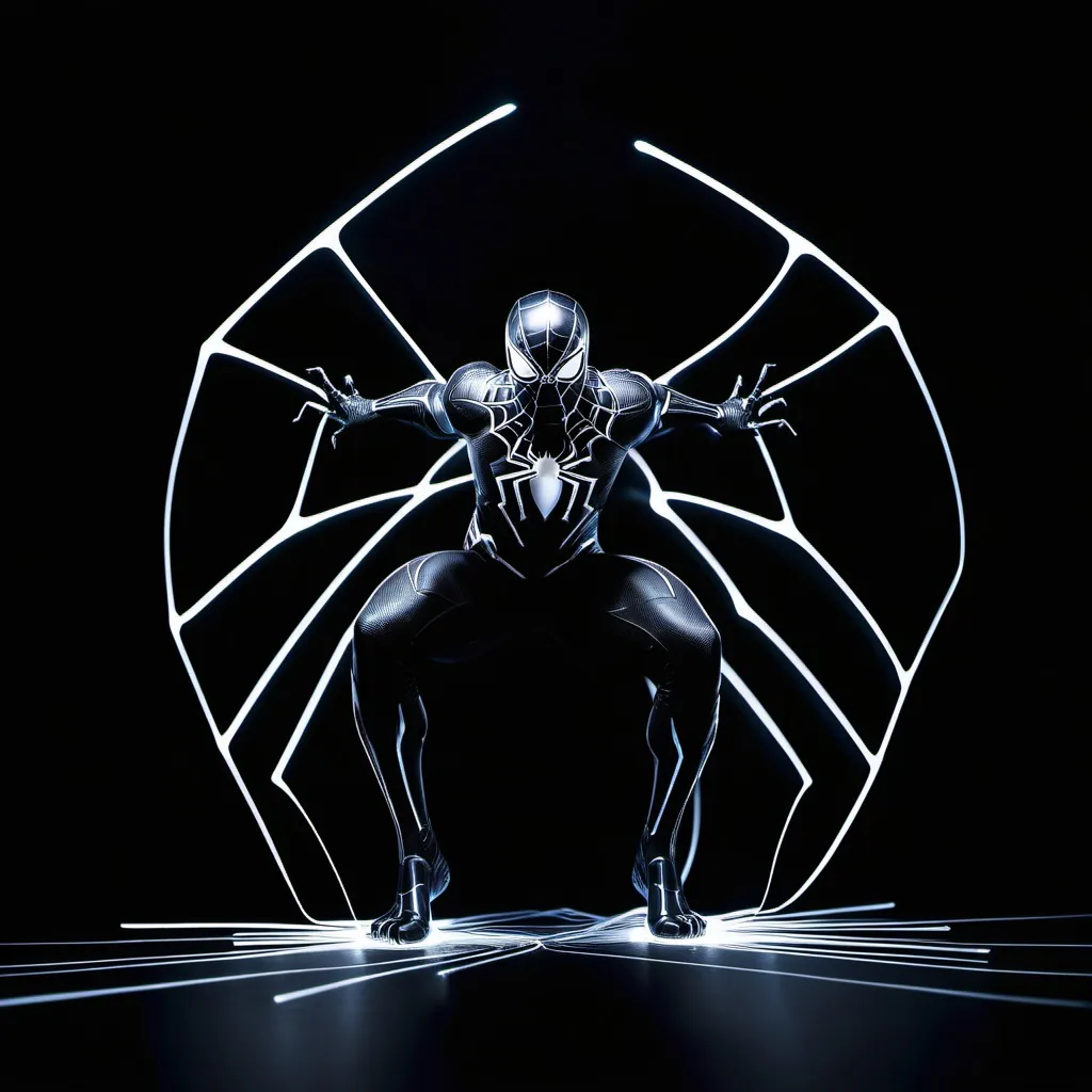 Prompt: spider-blackpanther shaped light painting black backdrop, minimalistic, elegant line design
