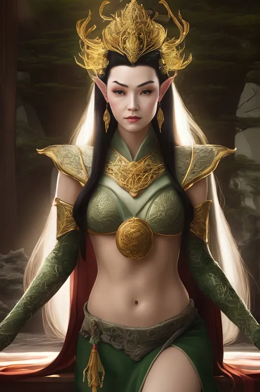 Prompt: The Elven God-Empress a beautiful youthful woman. Japanese inspired.