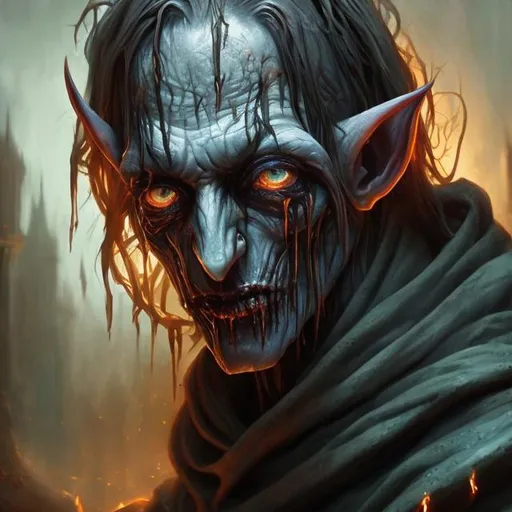 Prompt: grim dark setting, oil painting, gothic art style, insane skinny half-elf scientist wearing only robes, melting skin, light blue robes, grey skin, orange eyes, disgusting face, ugly, grotesque 
