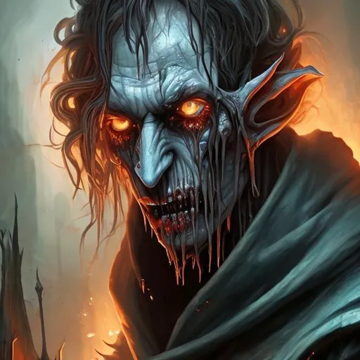 Prompt: grim dark setting, oil painting, gothic art style, insane skinny half-elf scientist wearing only robes, melting skin, light blue robes, grey skin, orange eyes, disgusting face, ugly, grotesque 
