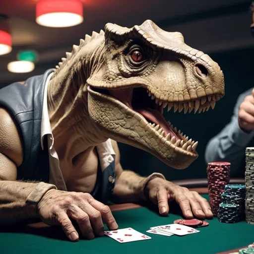 Prompt: dinosauro che gioca a poker in autostrada 
