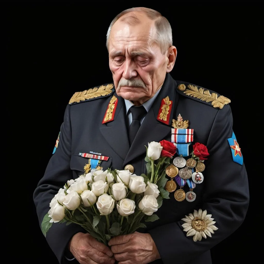 Prompt: photorealistic full view body of an old russian veteran sad or maybe crying, wearing his military uniform with lots of medals on it, he is holding flowers one hand while putting the other up to cover half face, isolated against a solid background, black background, realistic, full body
