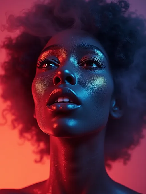 Prompt: Super ultra mega hyperdetailed ultra-hyperrealistic black woman in full body, endless infinite delirium, open eyes,  brightly colored liquid smoke makeup, octane render, vibrant colors, detailed features, high quality, hyperrealistic, intense lighting